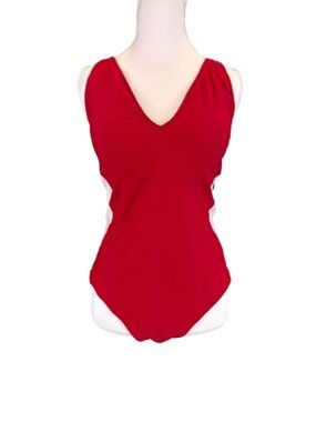 BMJL Red One Piece Swimsuit XL Lace Up Back Colorblock White Panels NWT